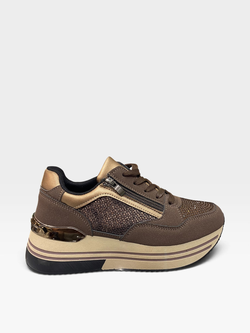 Sneaker Platform Zip e Strass Marrone
