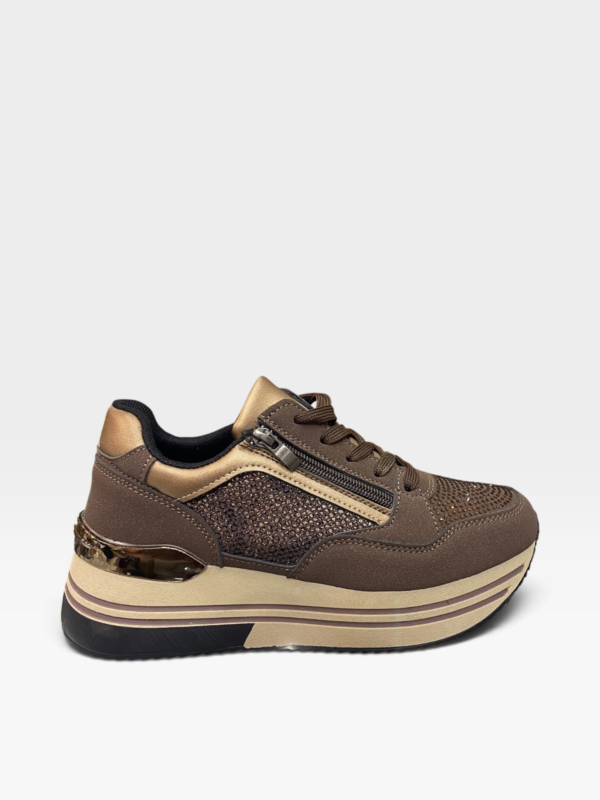 Sneaker Platform Zip e Strass Marrone