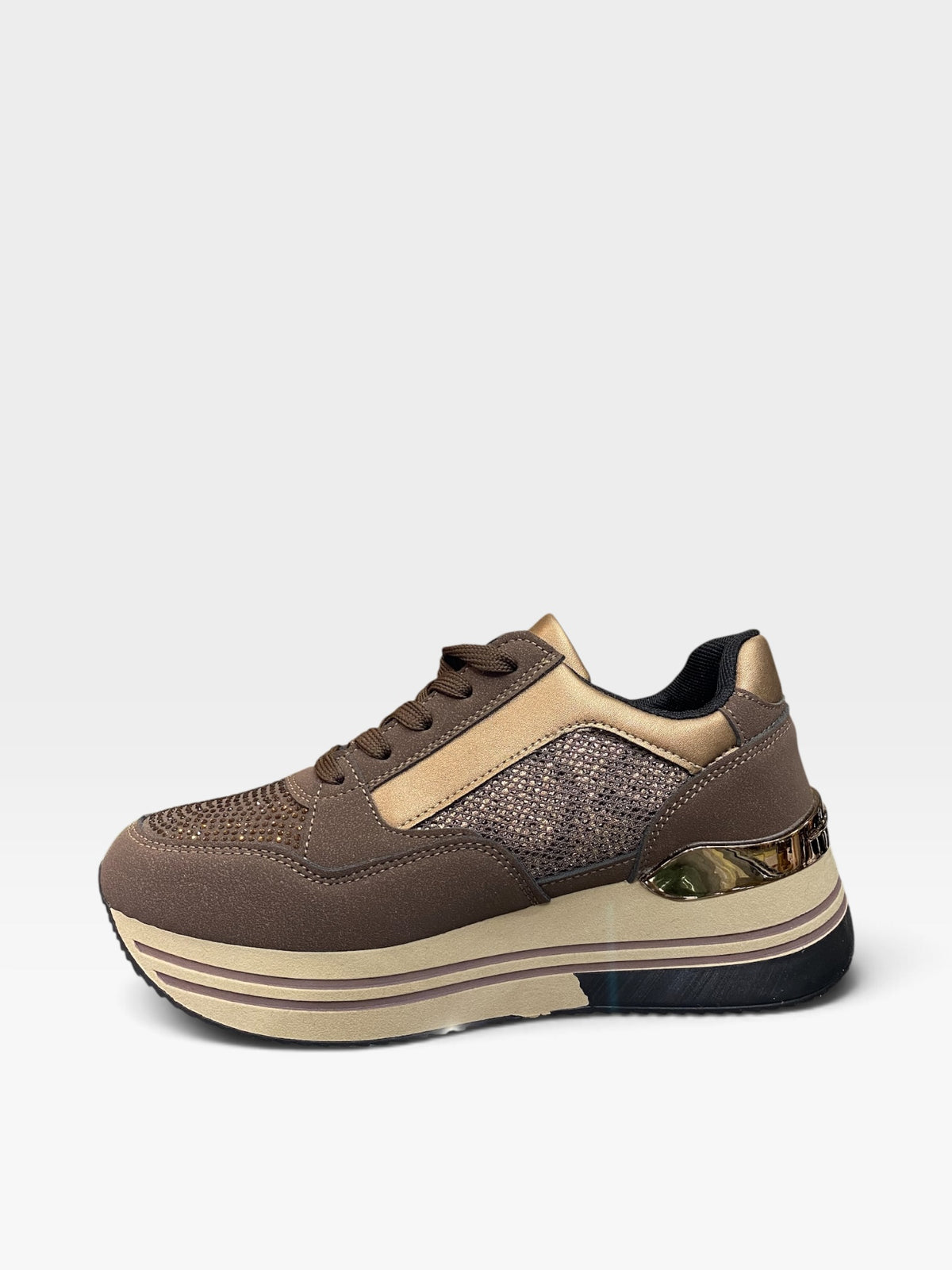 Sneaker Platform Zip e Strass Marrone