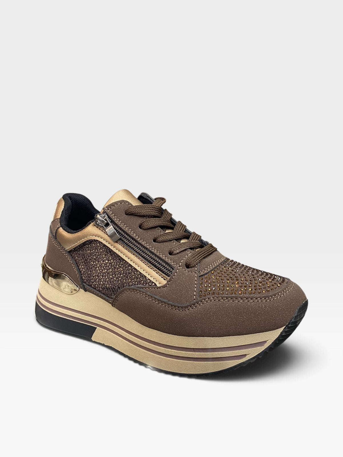 Sneaker Platform Zip e Strass Marrone