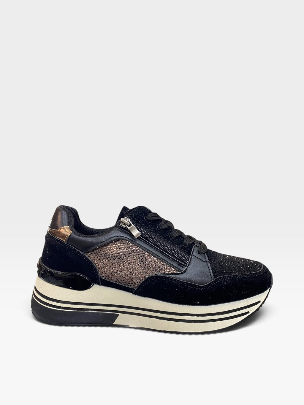 Sneaker Platform Zip e Strass Nero