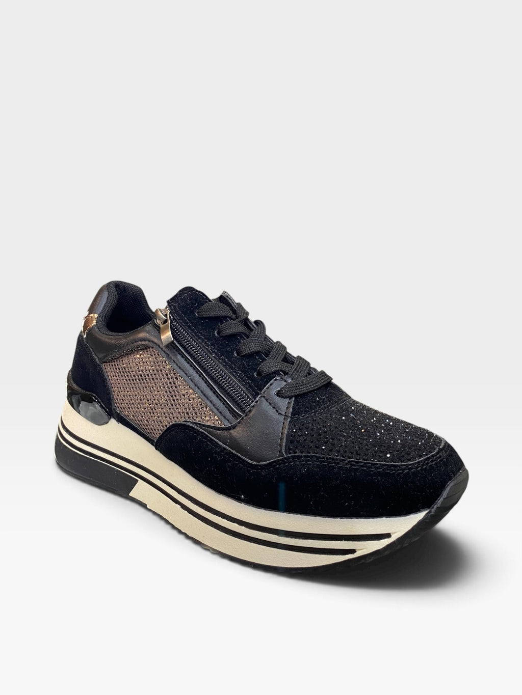 Sneaker Platform Zip e Strass Nero