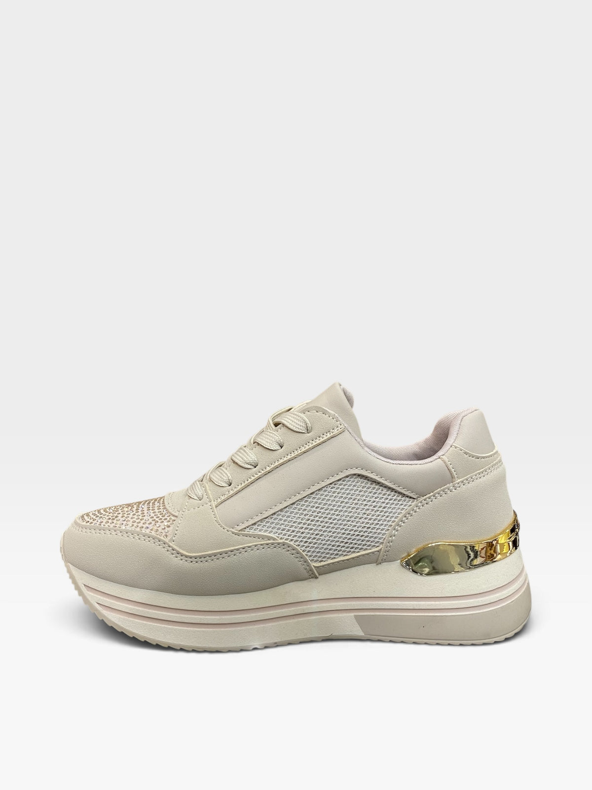 Sneaker Platform Zip e Strass Beige