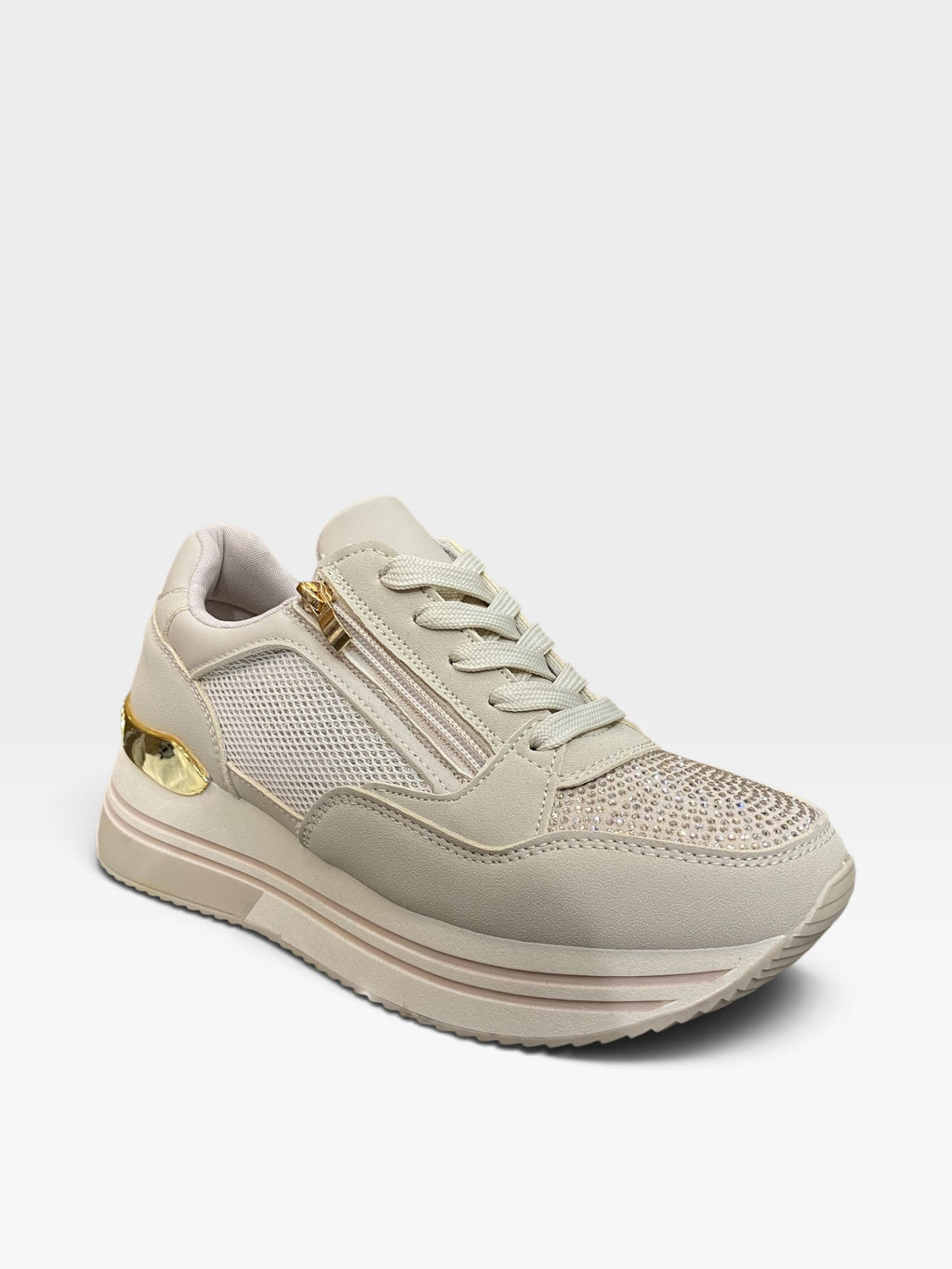 Sneaker Platform Zip e Strass Beige