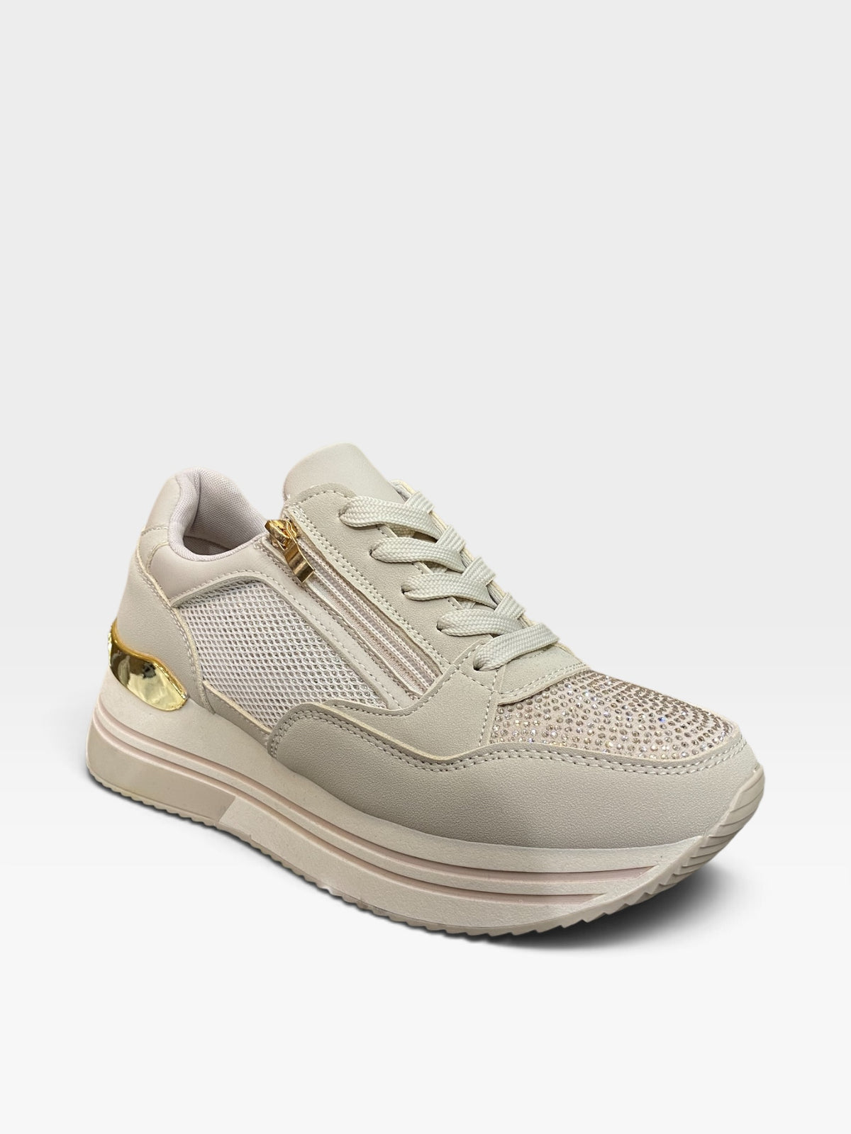 Sneaker Platform Zip e Strass Beige