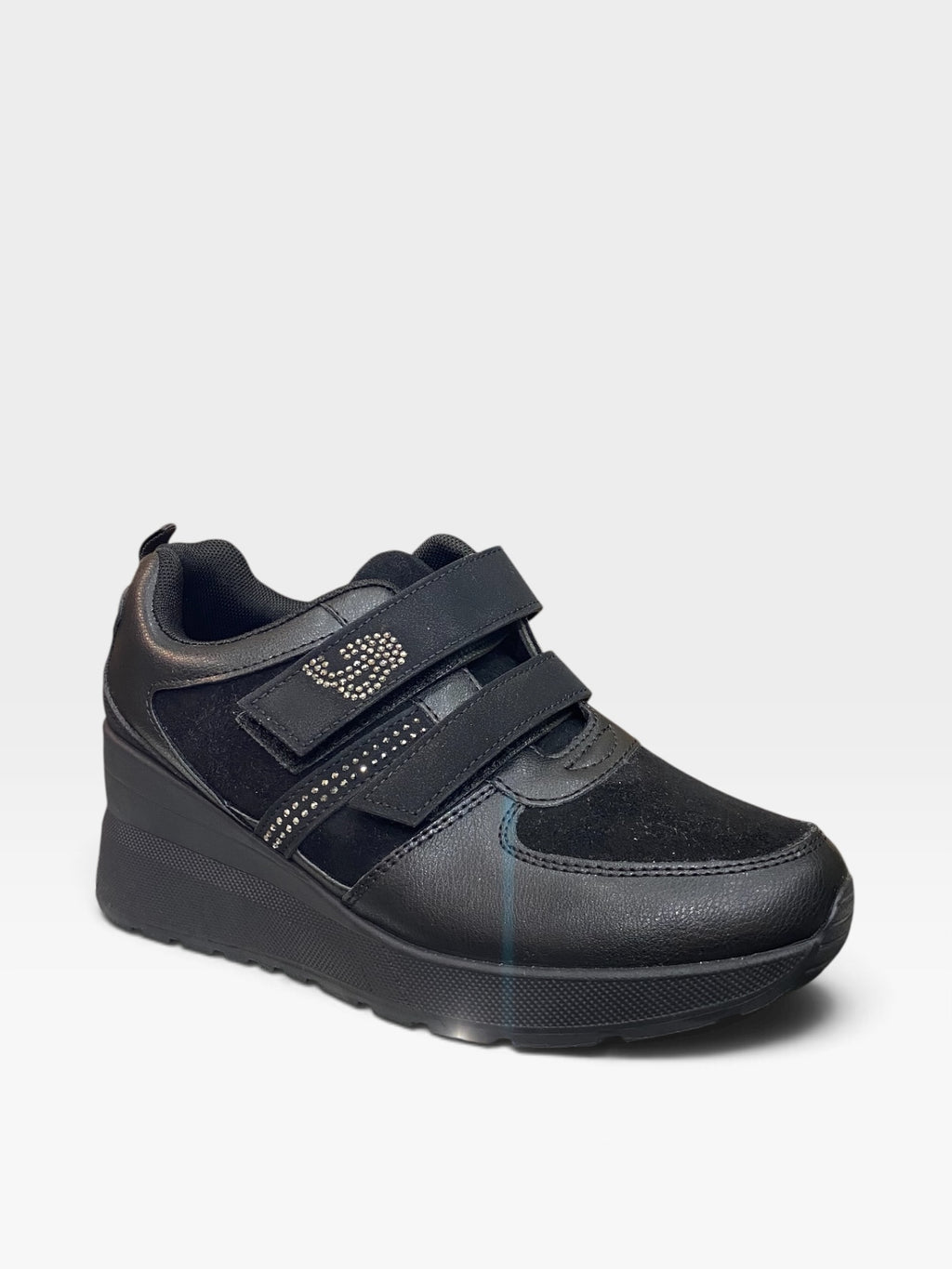 Sneaker Zeppa Velcro Strass Nero