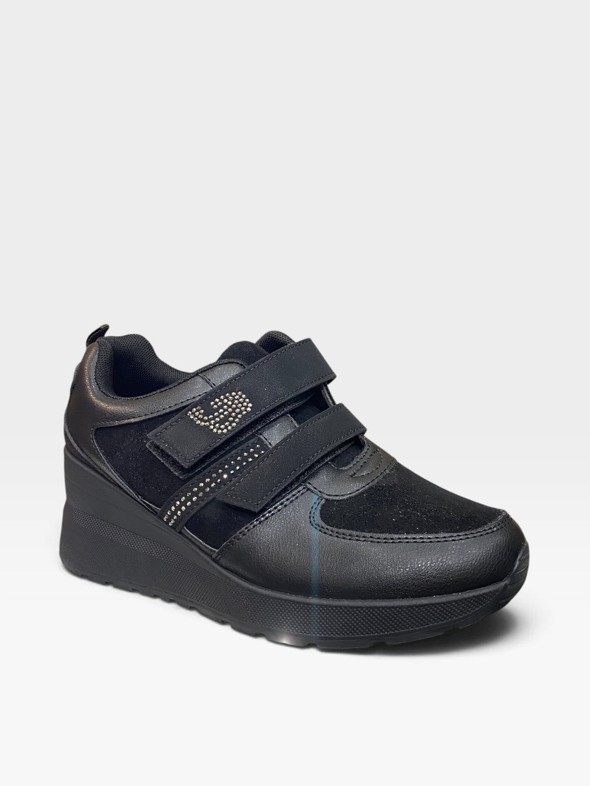 Sneaker Zeppa Velcro Strass Nero