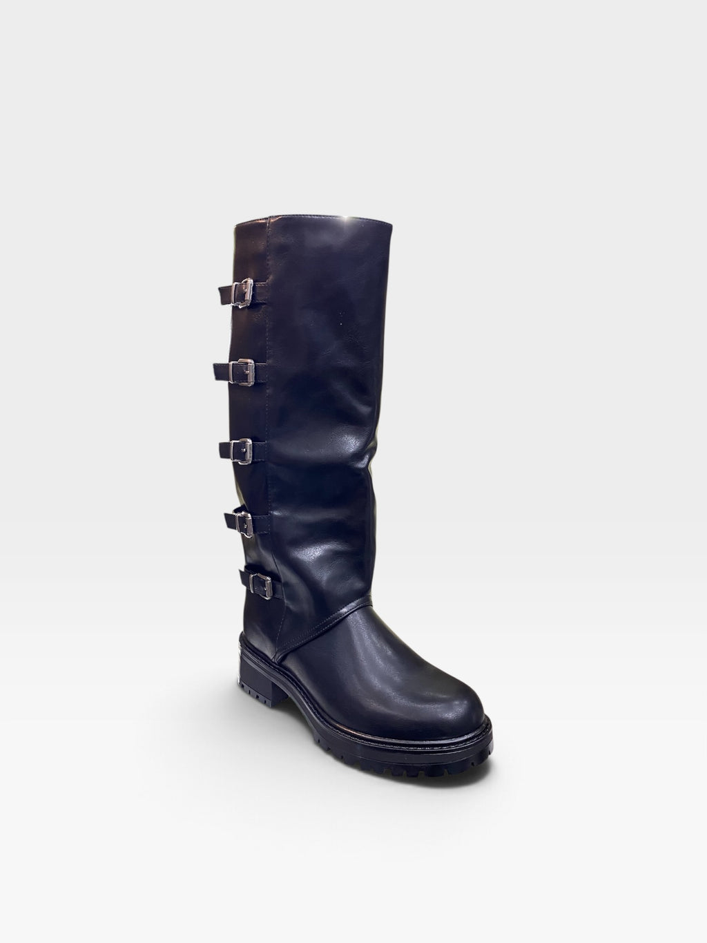 Stivale Alto Multi Fibbie Carrarmato Nero Donna