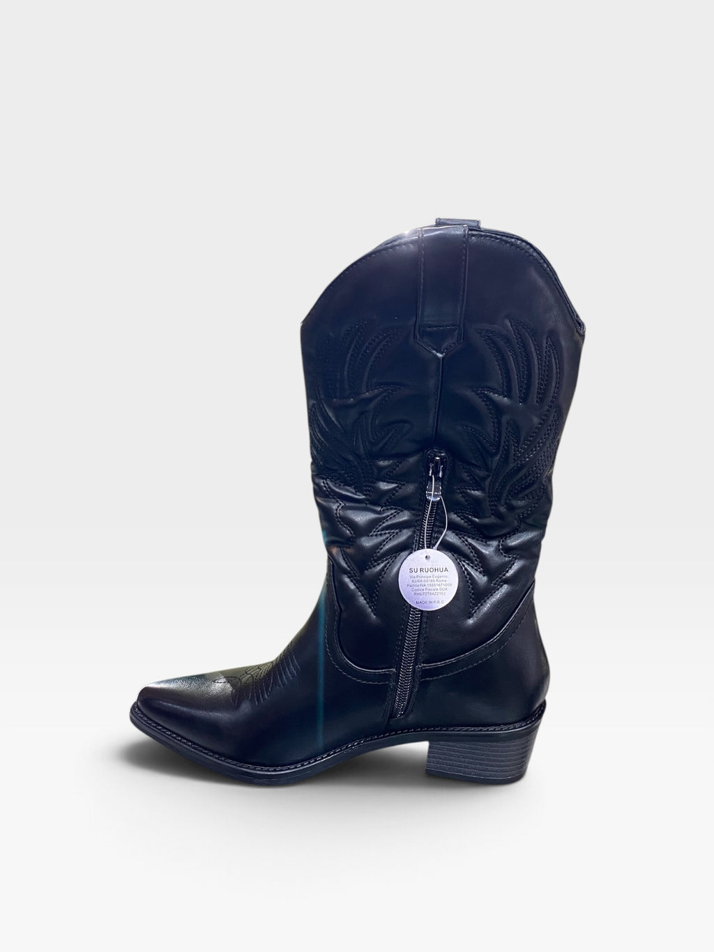 Stivale Texano Ricamato con Zip Nero Donna