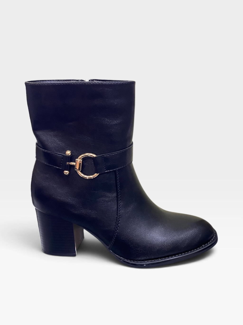 Stivaletto Tronchetto con Tacco Largo e Morsetto Dorato Nero Donna