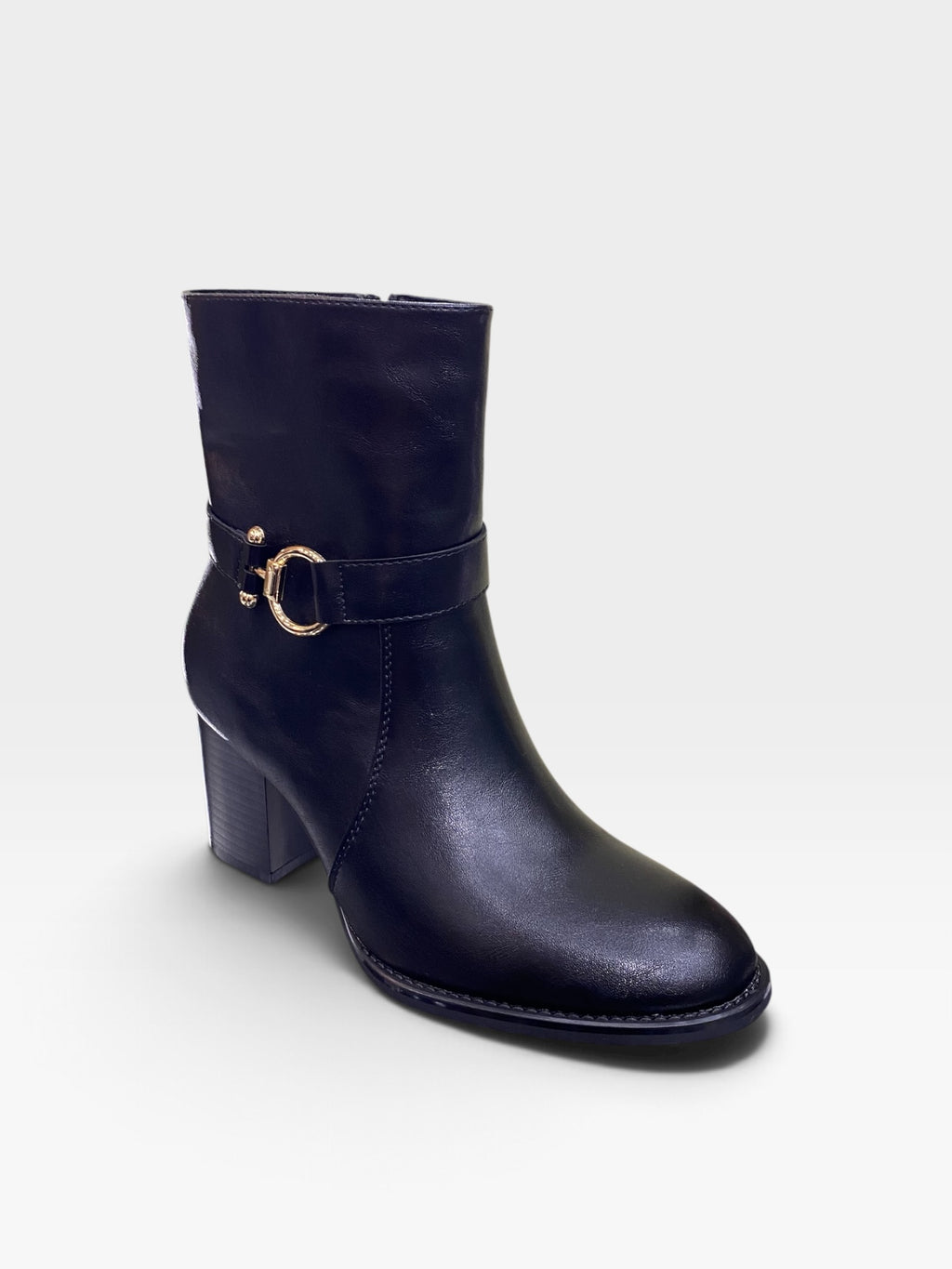 Stivaletto Tronchetto con Tacco Largo e Morsetto Dorato Nero Donna
